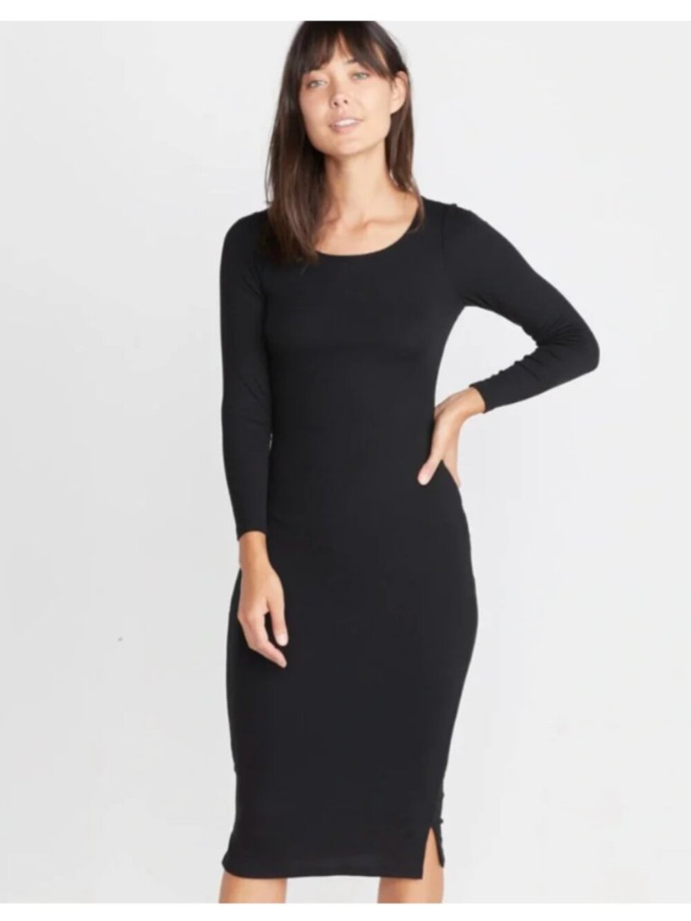 Marine Layer Long Sleeve Lexi Midi Dress Black Rib